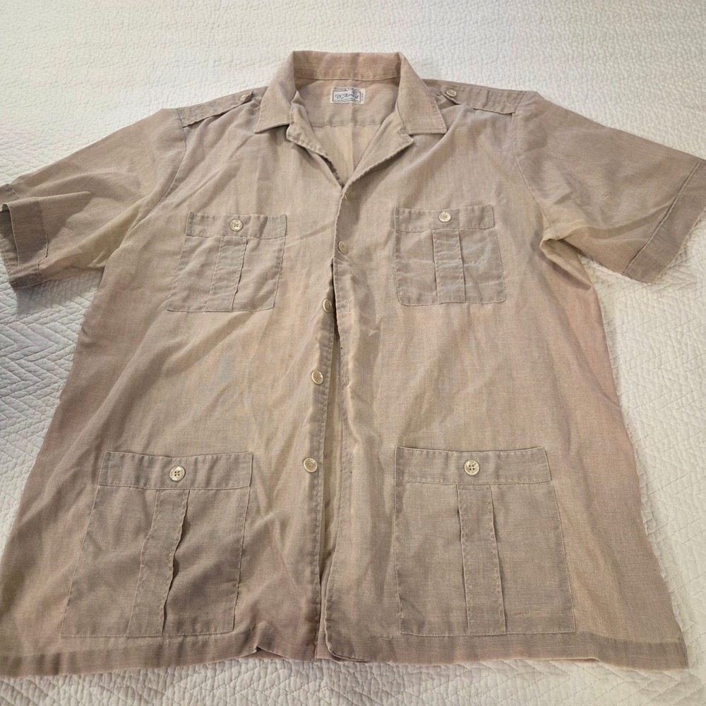 D'Accord Vintage Tan Short Sleeve Guayabera Safari Shirt Mens XL 4 Pocket Linen